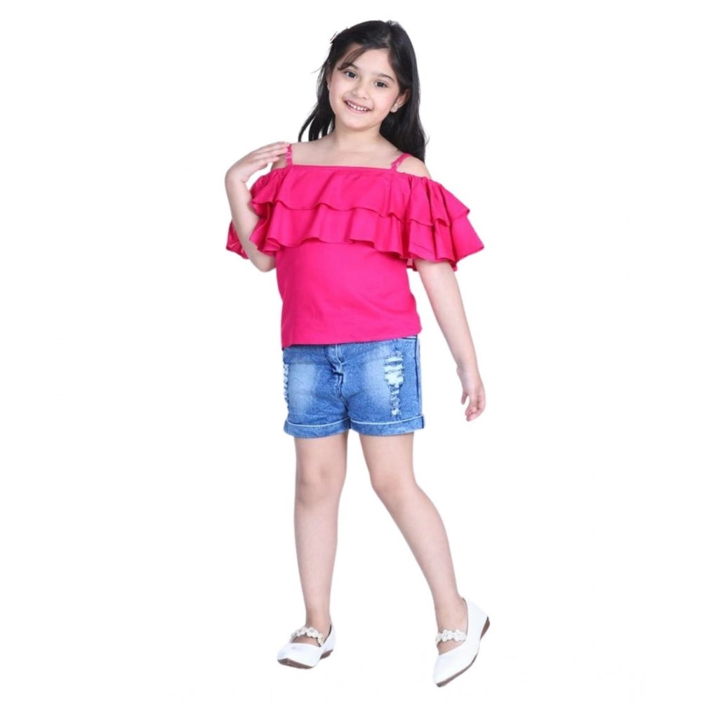HamariDookan Girl's Rayon Solid Cold Shoulder Top with Shorts (Pink-Blue)