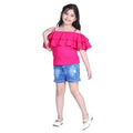 HamariDookan Girl's Rayon Solid Cold Shoulder Top with Shorts (Pink-Blue)