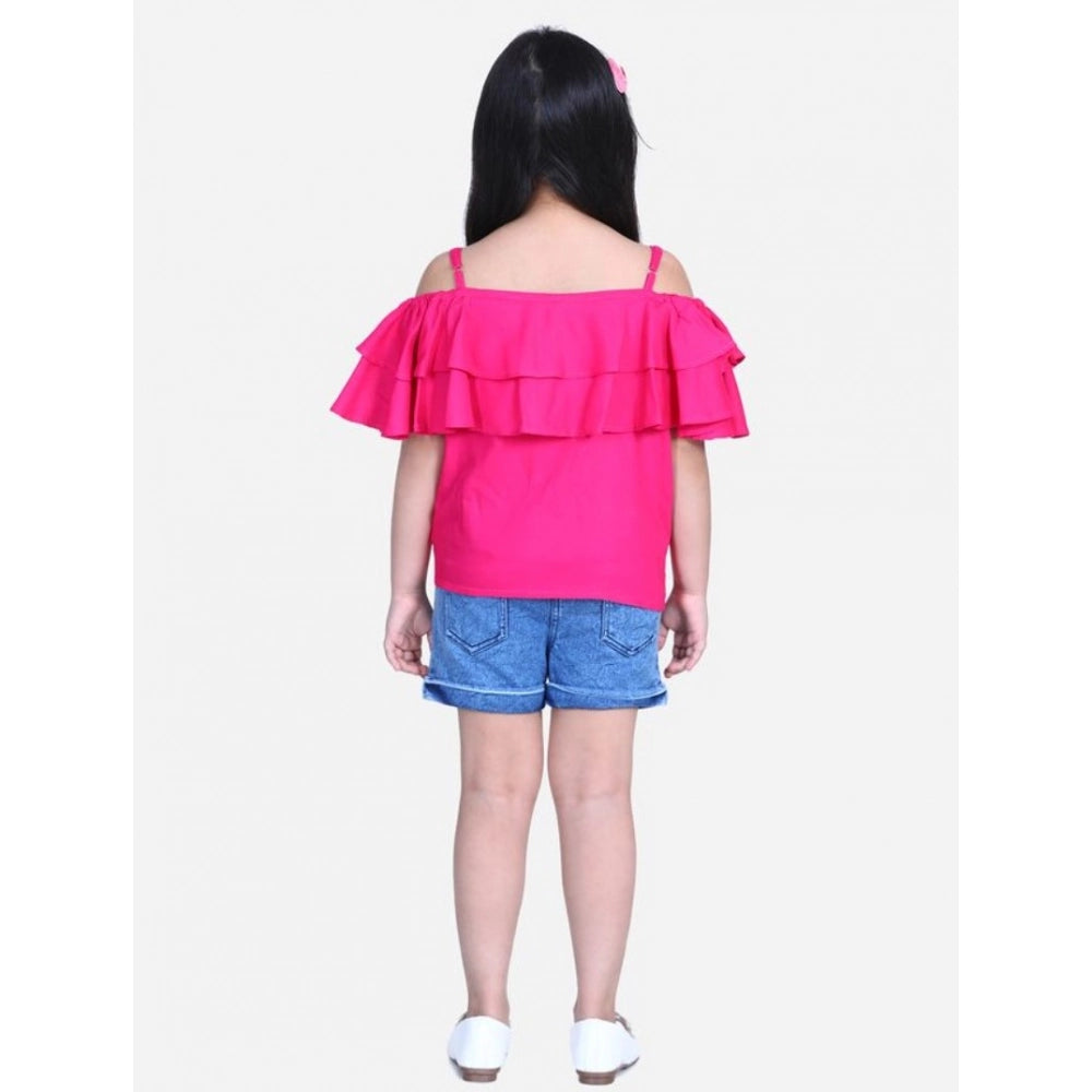 HamariDookan Girl's Rayon Solid Cold Shoulder Top with Shorts (Pink-Blue)