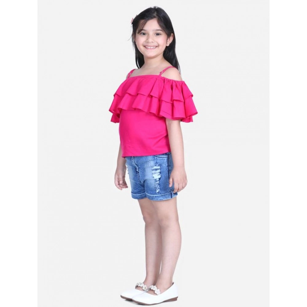 HamariDookan Girl's Rayon Solid Cold Shoulder Top with Shorts (Pink-Blue)