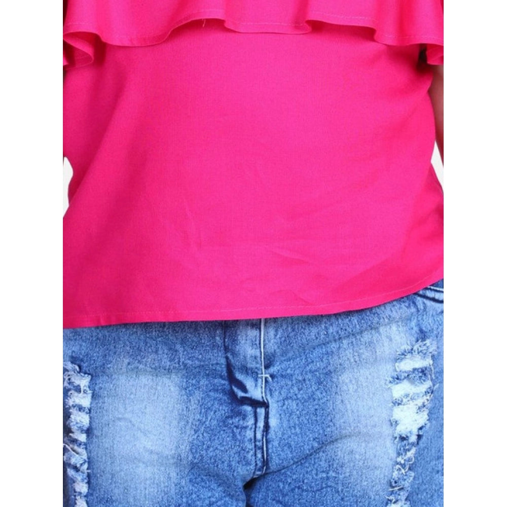 HamariDookan Girl's Rayon Solid Cold Shoulder Top with Shorts (Pink-Blue)