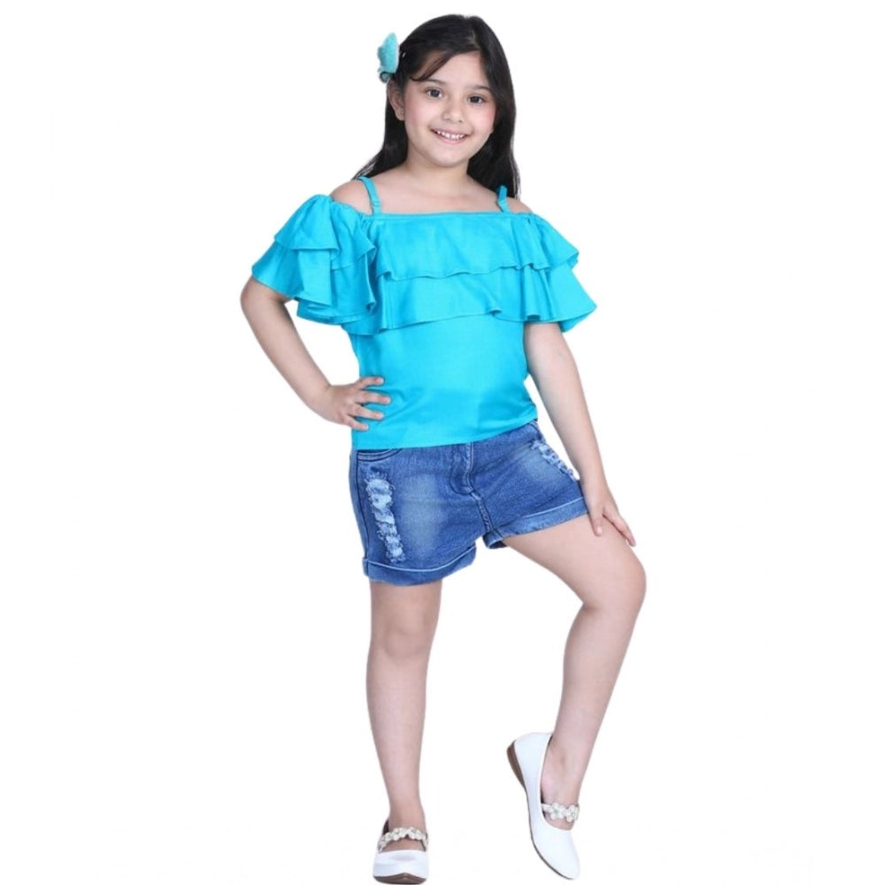 HamariDookan Girl's Rayon Solid Cold Shoulder Top with Shorts (Blue)