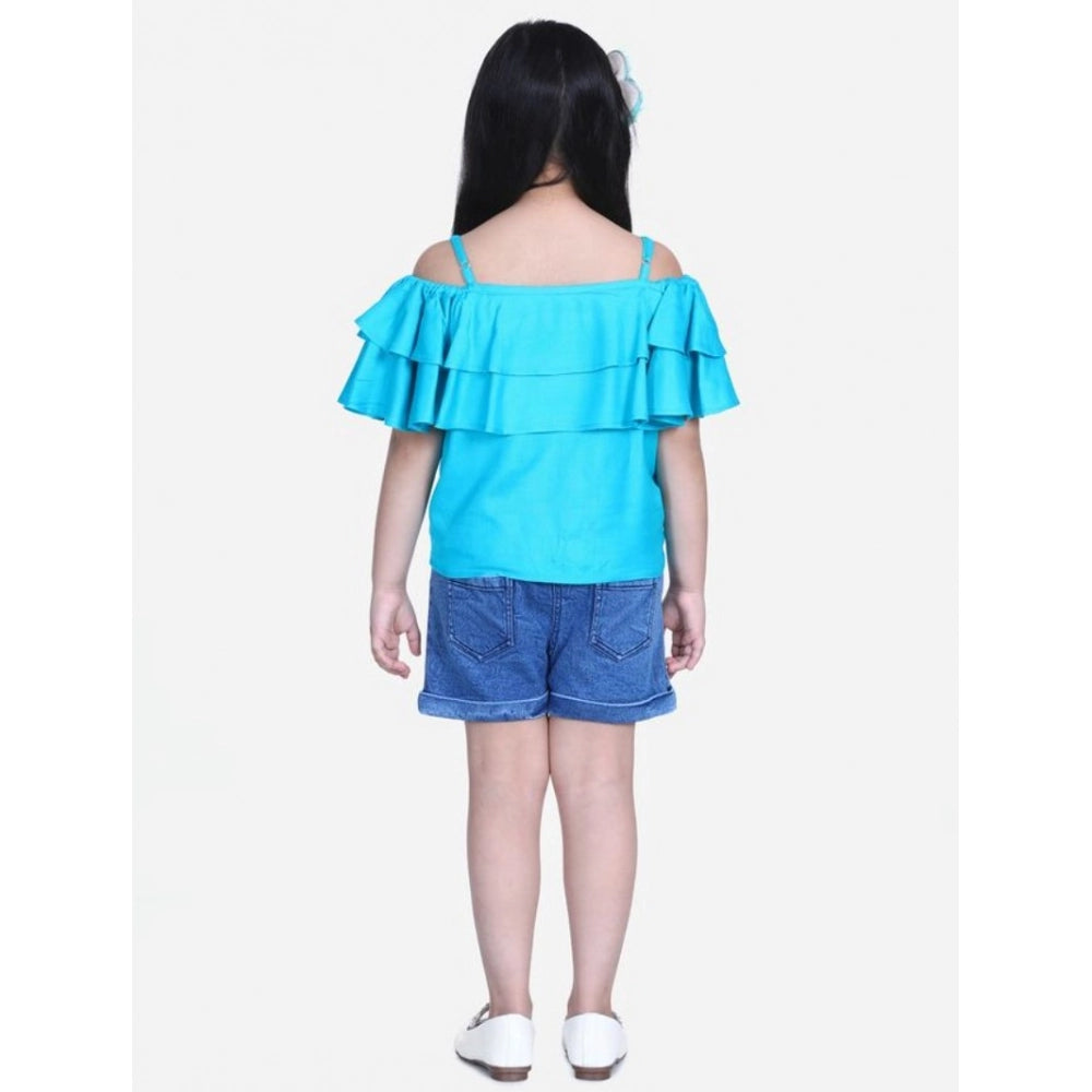 HamariDookan Girl's Rayon Solid Cold Shoulder Top with Shorts (Blue)