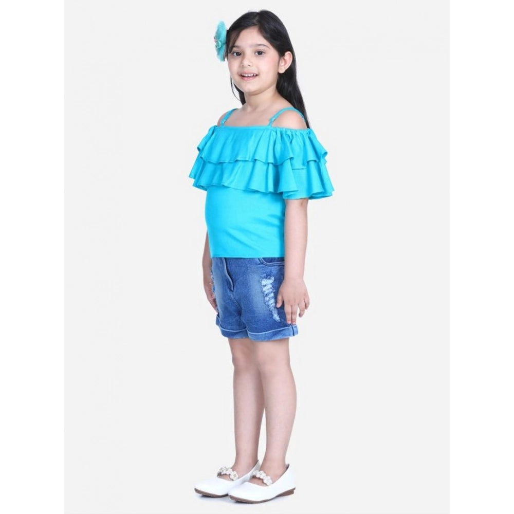 HamariDookan Girl's Rayon Solid Cold Shoulder Top with Shorts (Blue)