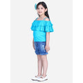 HamariDookan Girl's Rayon Solid Cold Shoulder Top with Shorts (Blue)
