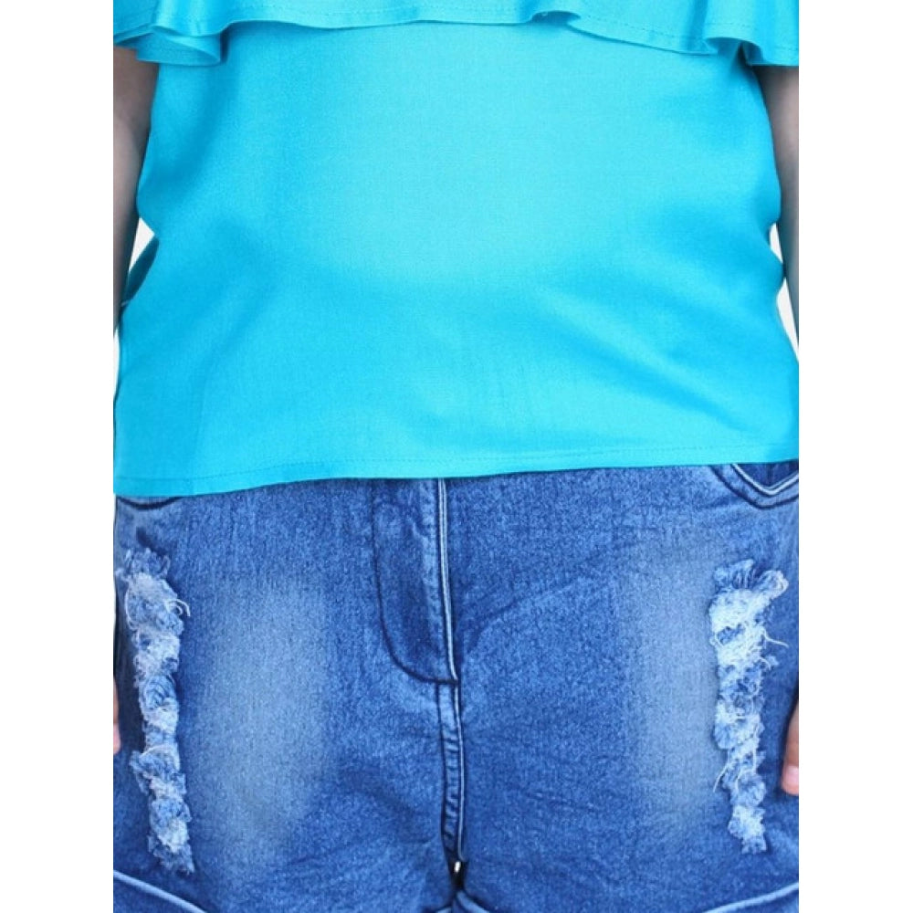 HamariDookan Girl's Rayon Solid Cold Shoulder Top with Shorts (Blue)