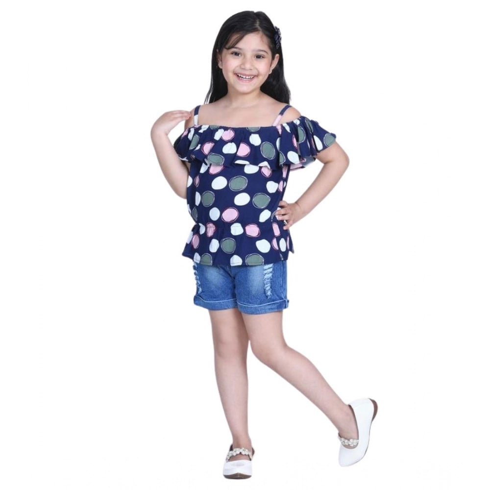 HamariDookan Girl's Rayon Solid Cold Shoulder Top with Shorts (Navy Blue)