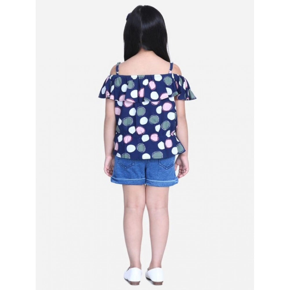 HamariDookan Girl's Rayon Solid Cold Shoulder Top with Shorts (Navy Blue)