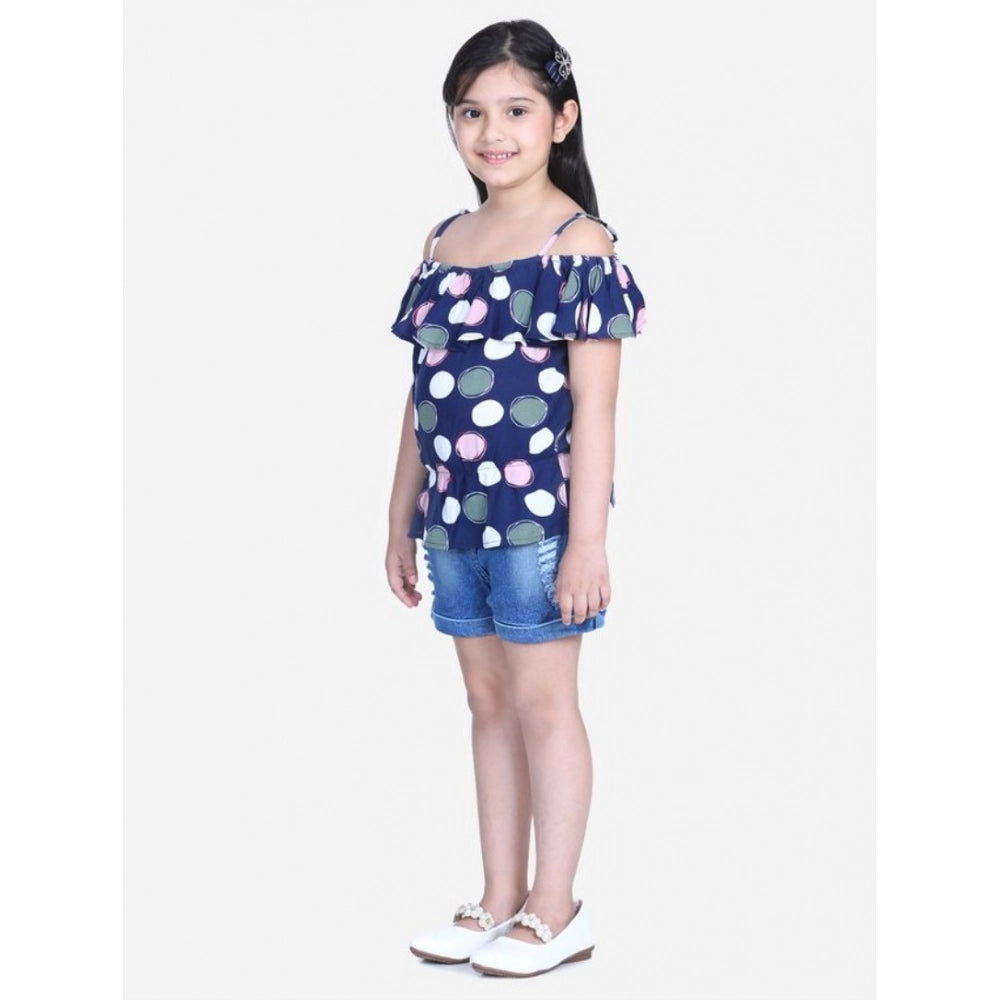 HamariDookan Girl's Rayon Solid Cold Shoulder Top with Shorts (Navy Blue)