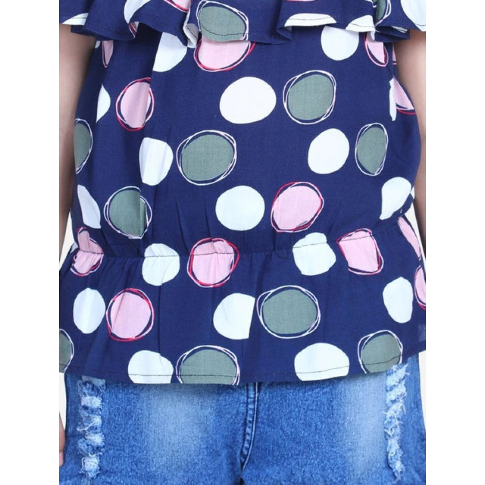 HamariDookan Girl's Rayon Solid Cold Shoulder Top with Shorts (Navy Blue)