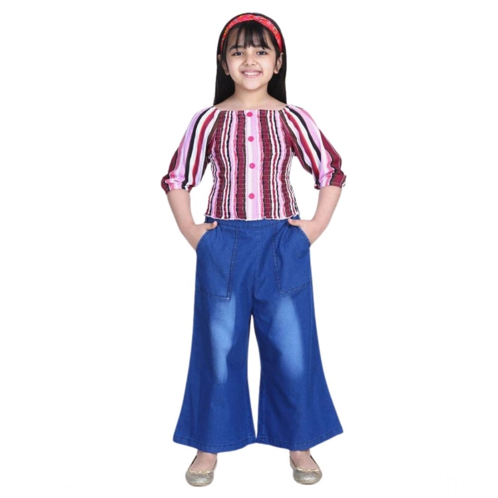 HamariDookan Girl's Rayon Solid Bell Sleeve Top with Culottes (Purple-Blue)