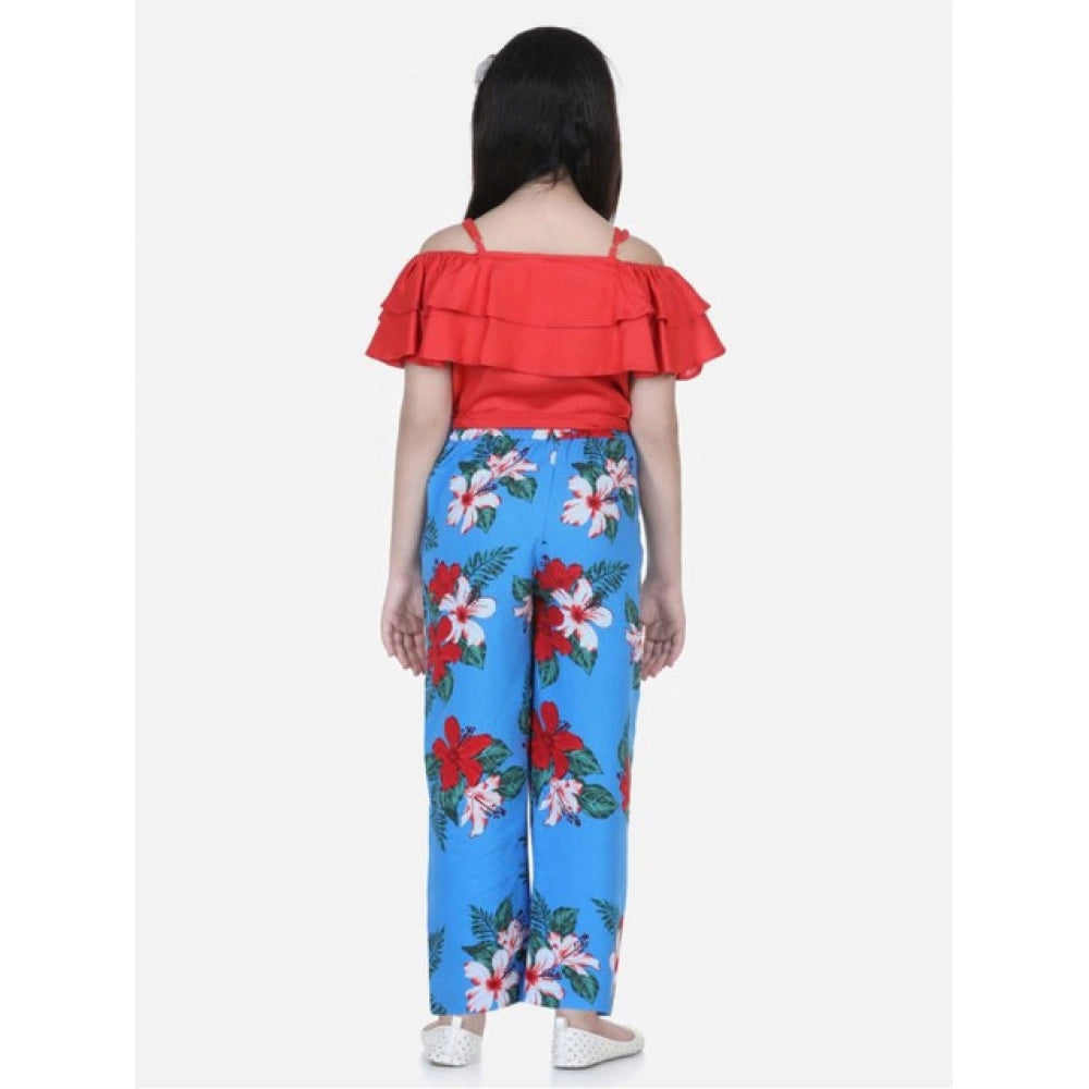 HamariDookan Girl's Rayon Floral Short Sleeve Top and Trouser Set (Multicolor)