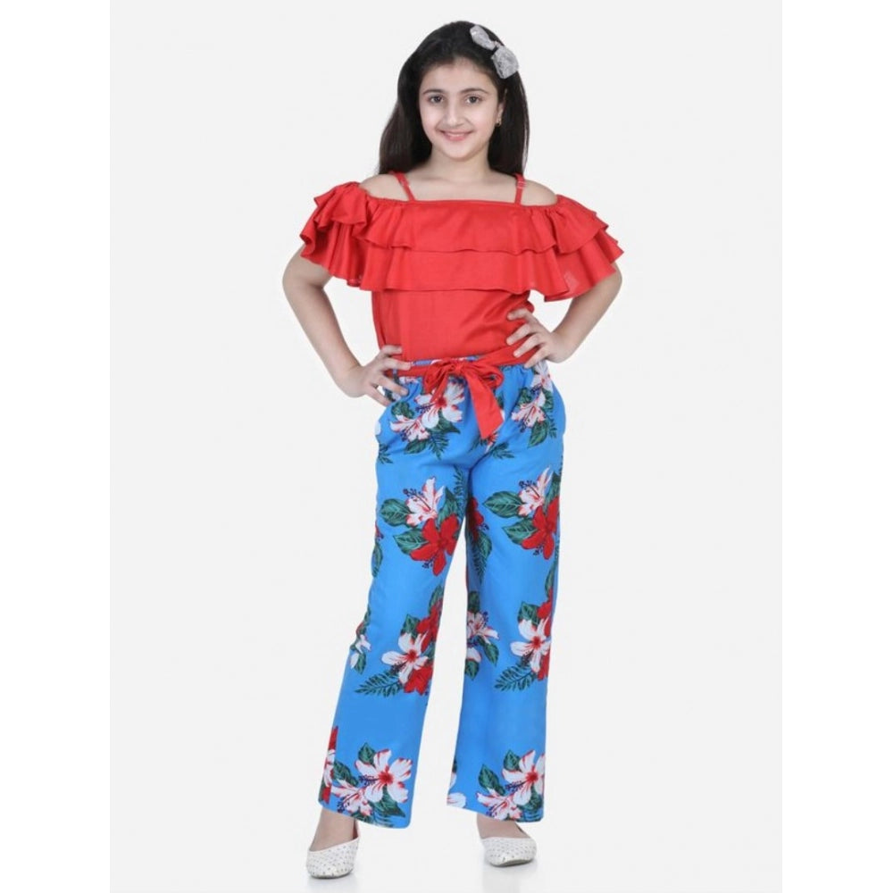 HamariDookan Girl's Rayon Floral Short Sleeve Top and Trouser Set (Multicolor)