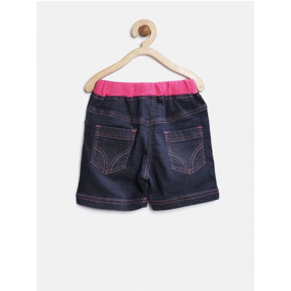 HamariDookan Girl's Denim Ribbed Elasticated Shorts (Pink-Blue)