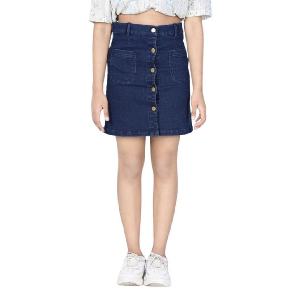 HamariDookan Girl's Denim Solid Buttoned Skirt (Navy Blue)