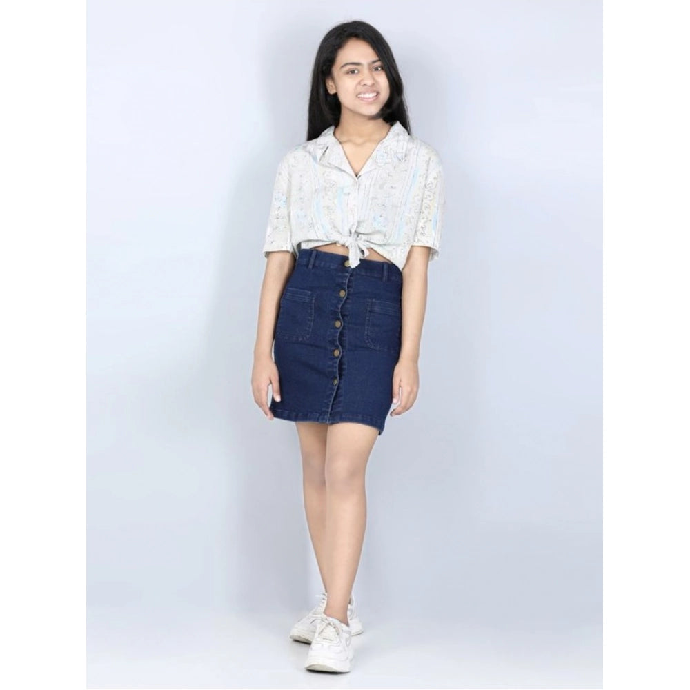 HamariDookan Girl's Denim Solid Buttoned Skirt (Navy Blue)