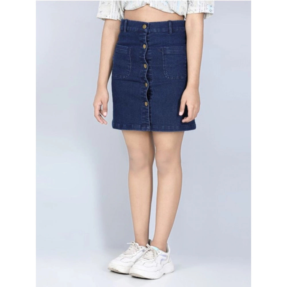 HamariDookan Girl's Denim Solid Buttoned Skirt (Navy Blue)