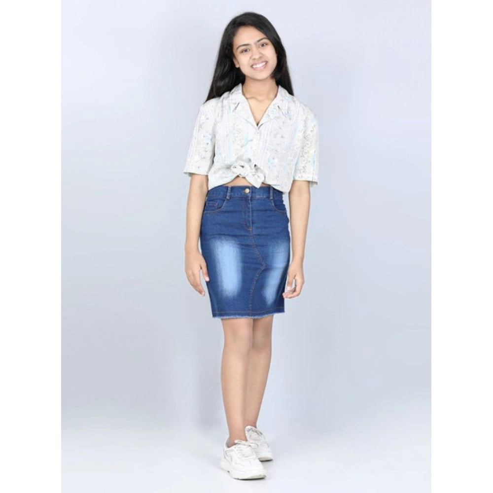 HamariDookan Girl's Denim Solid Buttoned Skirt (Blue)