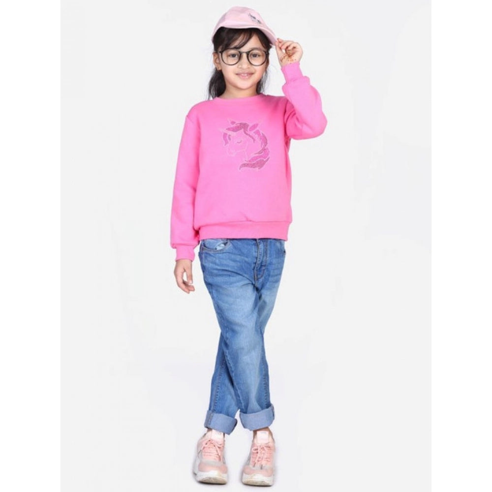 HamariDookan Girl's Fleece Embellished Long Sleeves Sweatshirt (Pink)