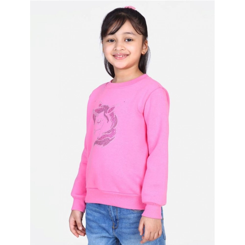 HamariDookan Girl's Fleece Embellished Long Sleeves Sweatshirt (Pink)