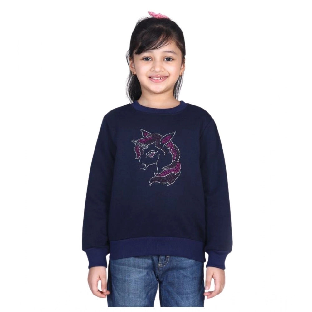 HamariDookan Girl's Fleece Embellished Long Sleeves Sweatshirt (Navy Blue)