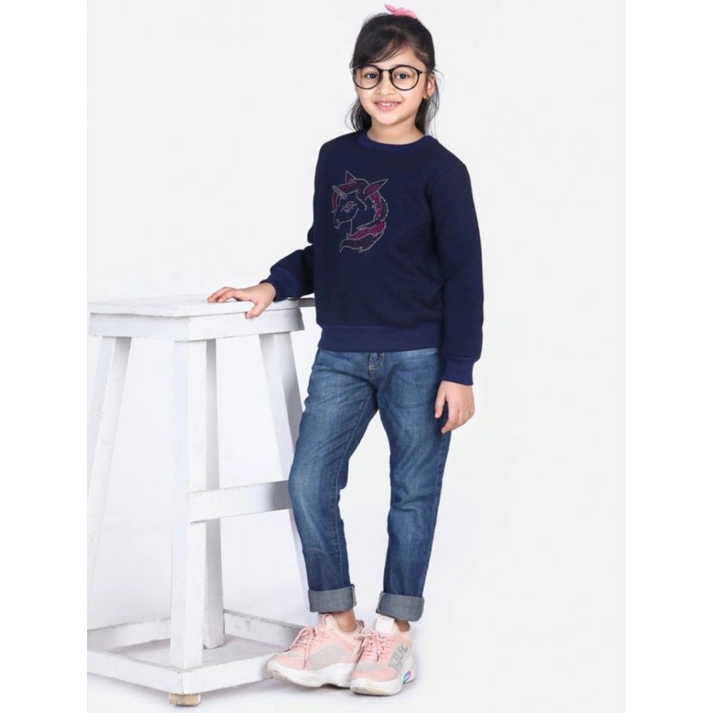 HamariDookan Girl's Fleece Embellished Long Sleeves Sweatshirt (Navy Blue)