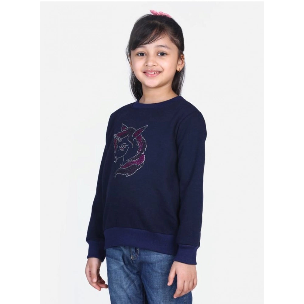 HamariDookan Girl's Fleece Embellished Long Sleeves Sweatshirt (Navy Blue)