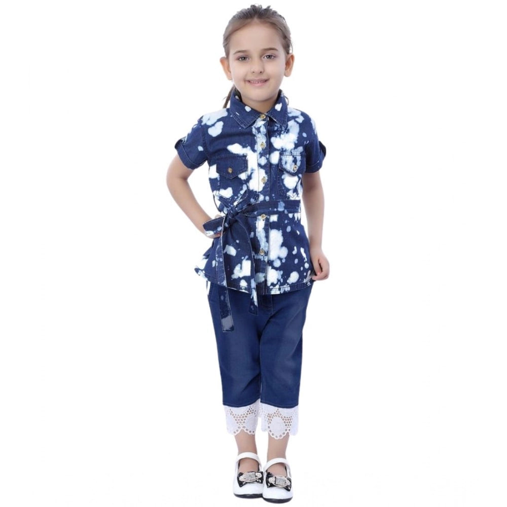 HamariDookan Girl's Denim Tie &amp; Dye Short Sleeve Top (Blue-White)