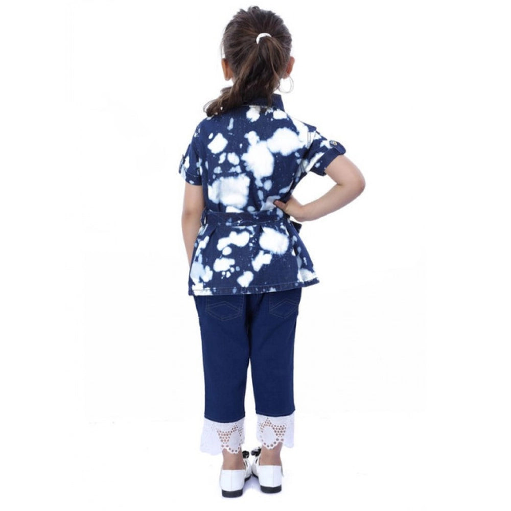 HamariDookan Girl's Denim Tie &amp; Dye Short Sleeve Top (Blue-White)