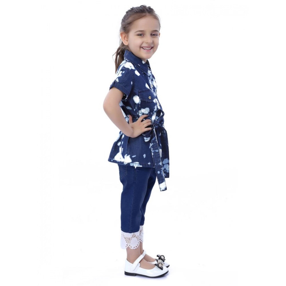 HamariDookan Girl's Denim Tie &amp; Dye Short Sleeve Top (Blue-White)