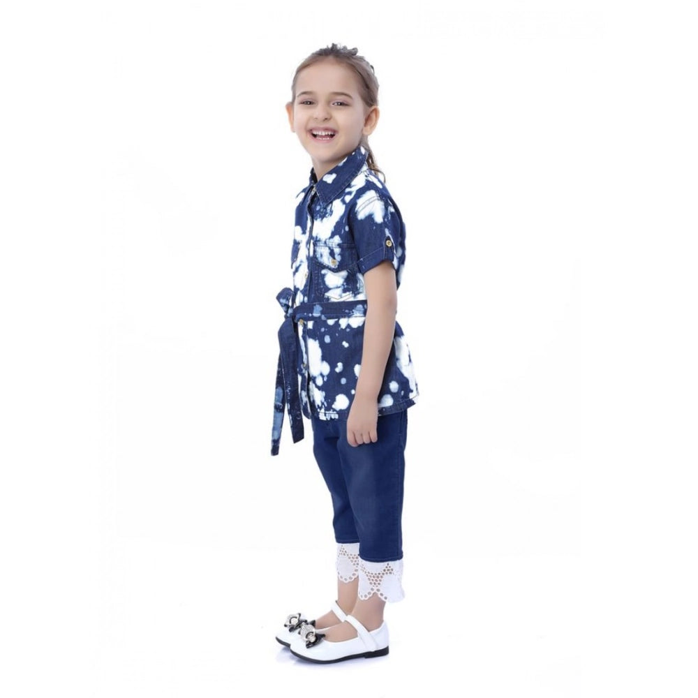 HamariDookan Girl's Denim Tie &amp; Dye Short Sleeve Top (Blue-White)