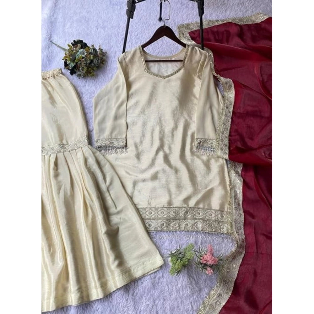 HD Women's Silk Embroidered 3/4th Sleeve V-Neck Kurti With Sharara Pant and Dupatta Set (Cream &amp; Brown)
