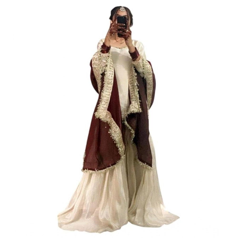 HD Women's Silk Embroidered 3/4th Sleeve V-Neck Kurti With Sharara Pant and Dupatta Set (Cream &amp; Brown)