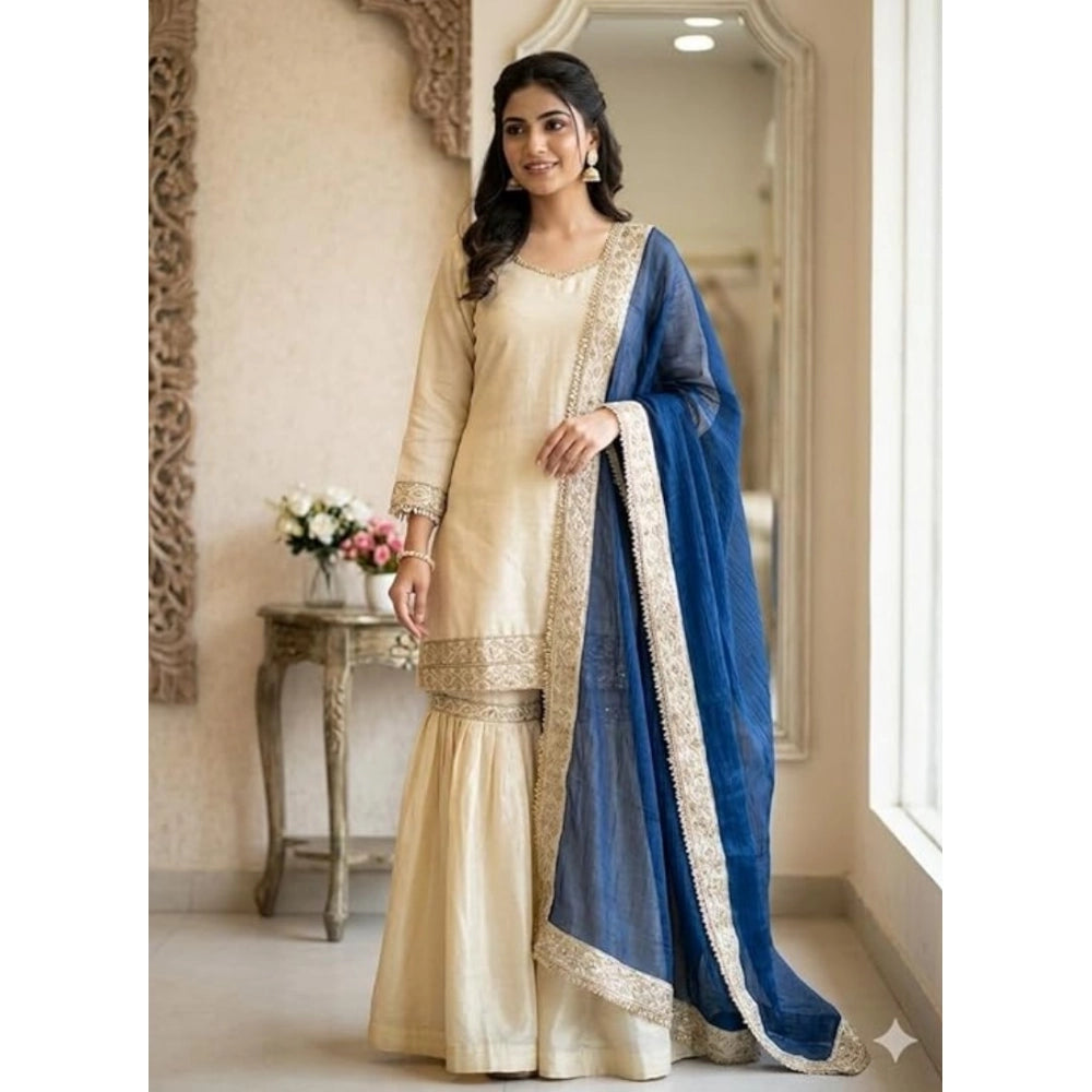 HD Women's Silk Embroidered 3/4th Sleeve V-Neck Kurti With Sharara Pant and Dupatta Set (Cream &amp; Blue)