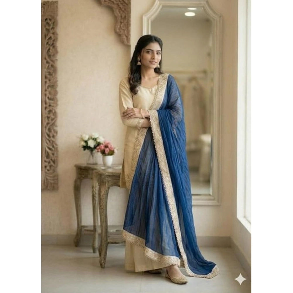 HD Women's Silk Embroidered 3/4th Sleeve V-Neck Kurti With Sharara Pant and Dupatta Set (Cream &amp; Blue)