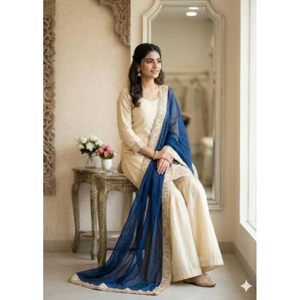HD Women's Silk Embroidered 3/4th Sleeve V-Neck Kurti With Sharara Pant and Dupatta Set (Cream &amp; Blue)
