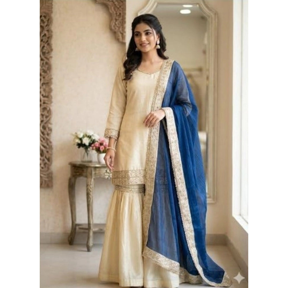 HD Women's Silk Embroidered 3/4th Sleeve V-Neck Kurti With Sharara Pant and Dupatta Set (Cream &amp; Blue)