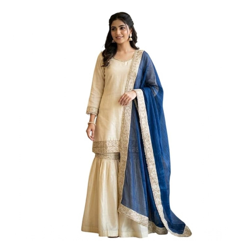 HD Women's Silk Embroidered 3/4th Sleeve V-Neck Kurti With Sharara Pant and Dupatta Set (Cream &amp; Blue)