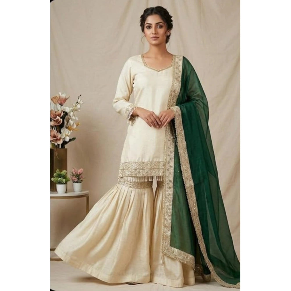 HD Women's Silk Embroidered 3/4th Sleeve V-Neck Kurti With Sharara Pant and Dupatta Set (Cream &amp; Bottle Green)