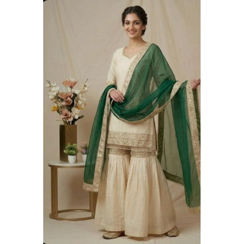 HD Women's Silk Embroidered 3/4th Sleeve V-Neck Kurti With Sharara Pant and Dupatta Set (Cream &amp; Bottle Green)