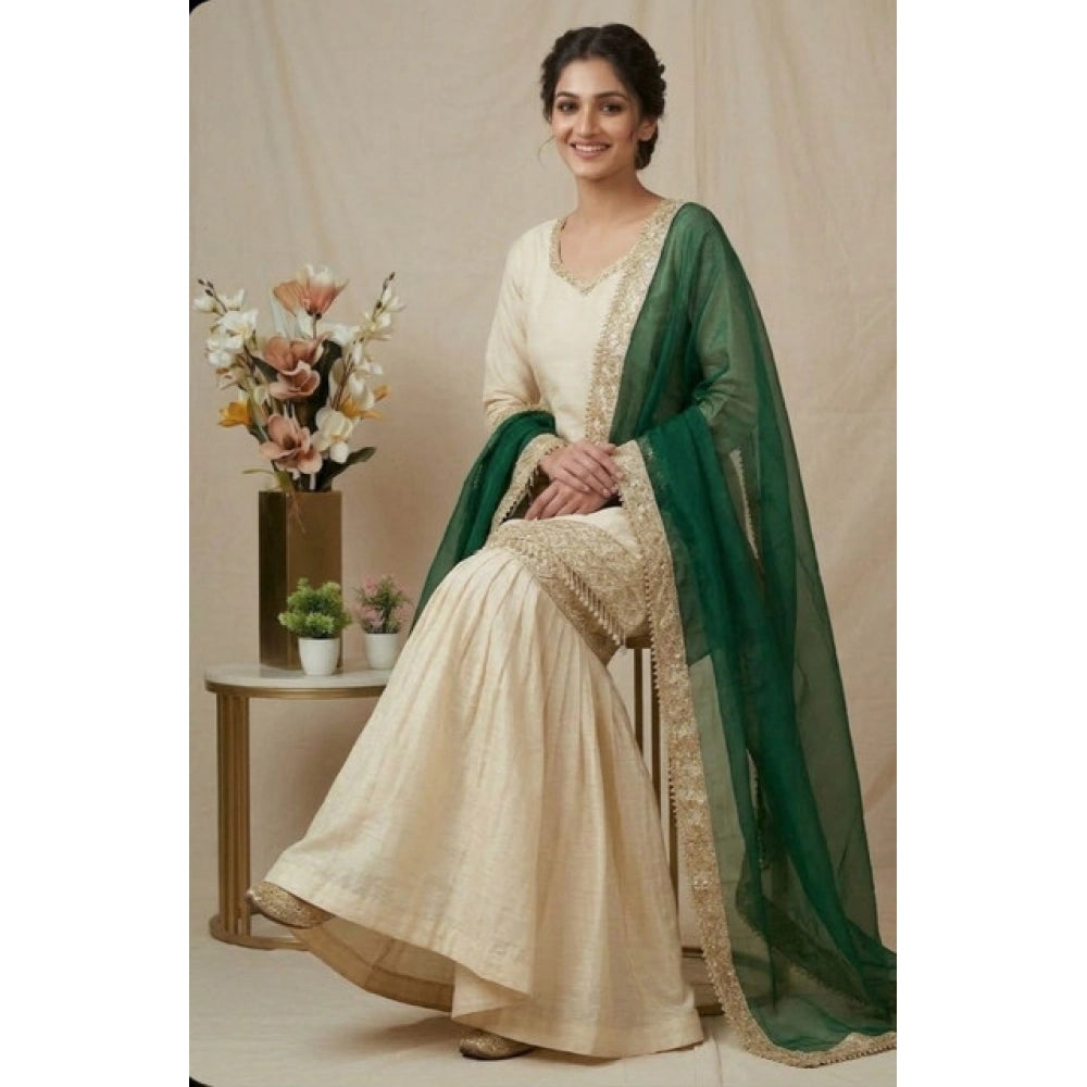 HD Women's Silk Embroidered 3/4th Sleeve V-Neck Kurti With Sharara Pant and Dupatta Set (Cream &amp; Bottle Green)