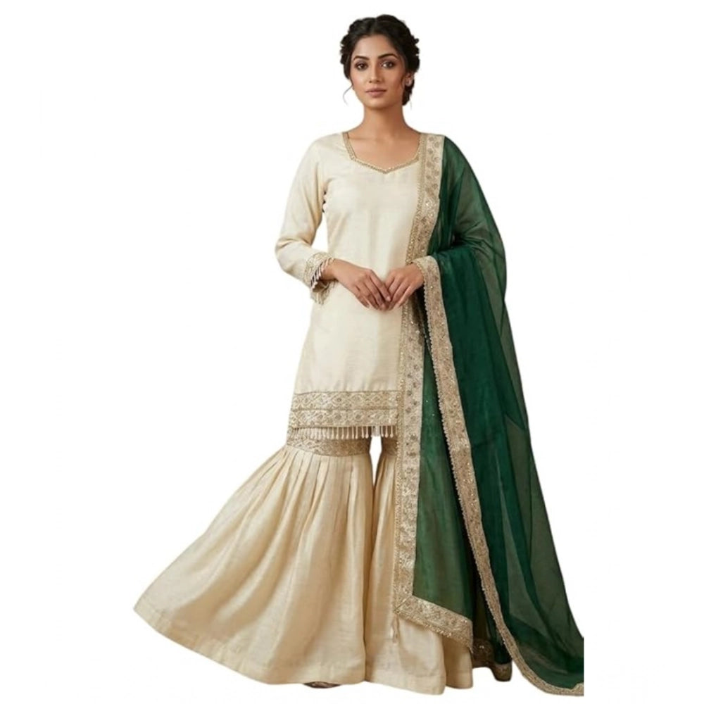 HD Women's Silk Embroidered 3/4th Sleeve V-Neck Kurti With Sharara Pant and Dupatta Set (Cream &amp; Bottle Green)