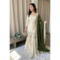 HD Women's Silk Embroidered 3/4th Sleeve V-Neck Kurti With Sharara Pant and Dupatta Set (Cream &amp; Green)