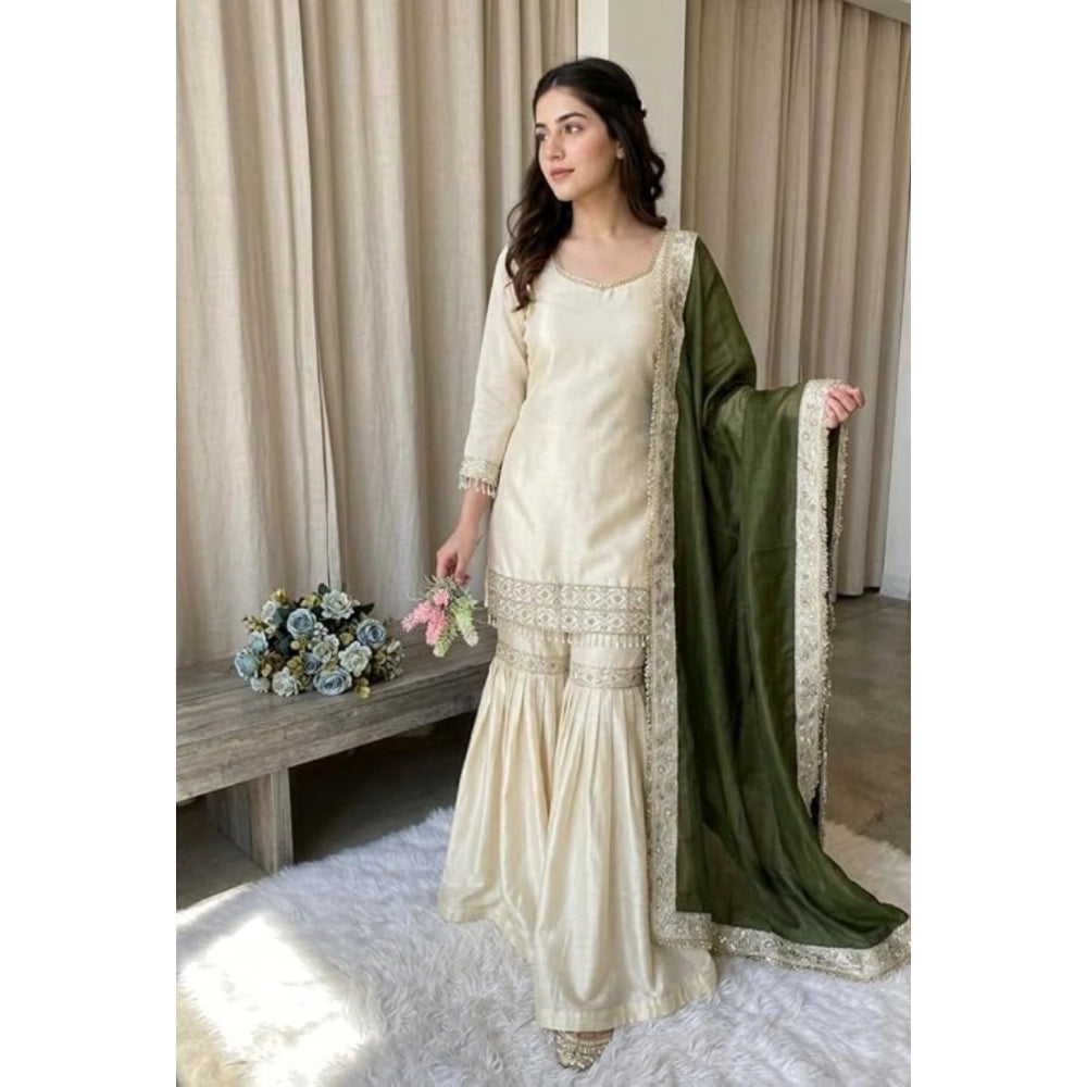 HD Women's Silk Embroidered 3/4th Sleeve V-Neck Kurti With Sharara Pant and Dupatta Set (Cream &amp; Green)