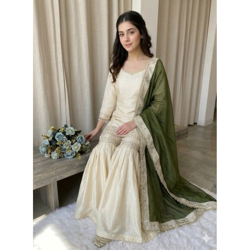 HD Women's Silk Embroidered 3/4th Sleeve V-Neck Kurti With Sharara Pant and Dupatta Set (Cream &amp; Green)