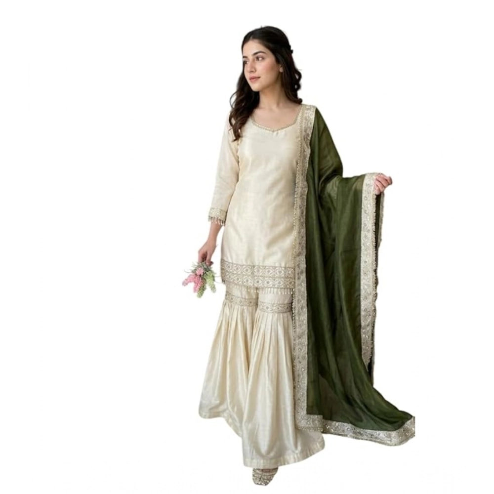 HD Women's Silk Embroidered 3/4th Sleeve V-Neck Kurti With Sharara Pant and Dupatta Set (Cream &amp; Green)