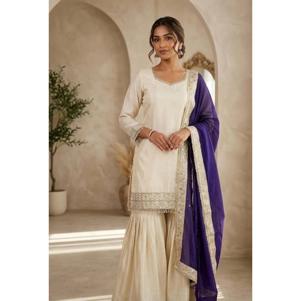 HD Women's Silk Embroidered 3/4th Sleeve V-Neck Kurti With Sharara Pant and Dupatta Set (Cream &amp; Purple)
