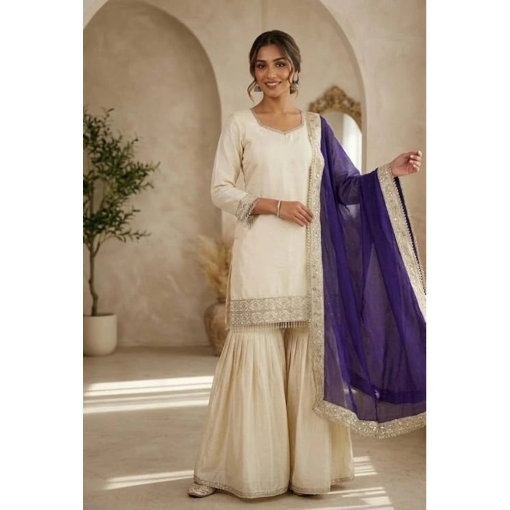HD Women's Silk Embroidered 3/4th Sleeve V-Neck Kurti With Sharara Pant and Dupatta Set (Cream &amp; Purple)