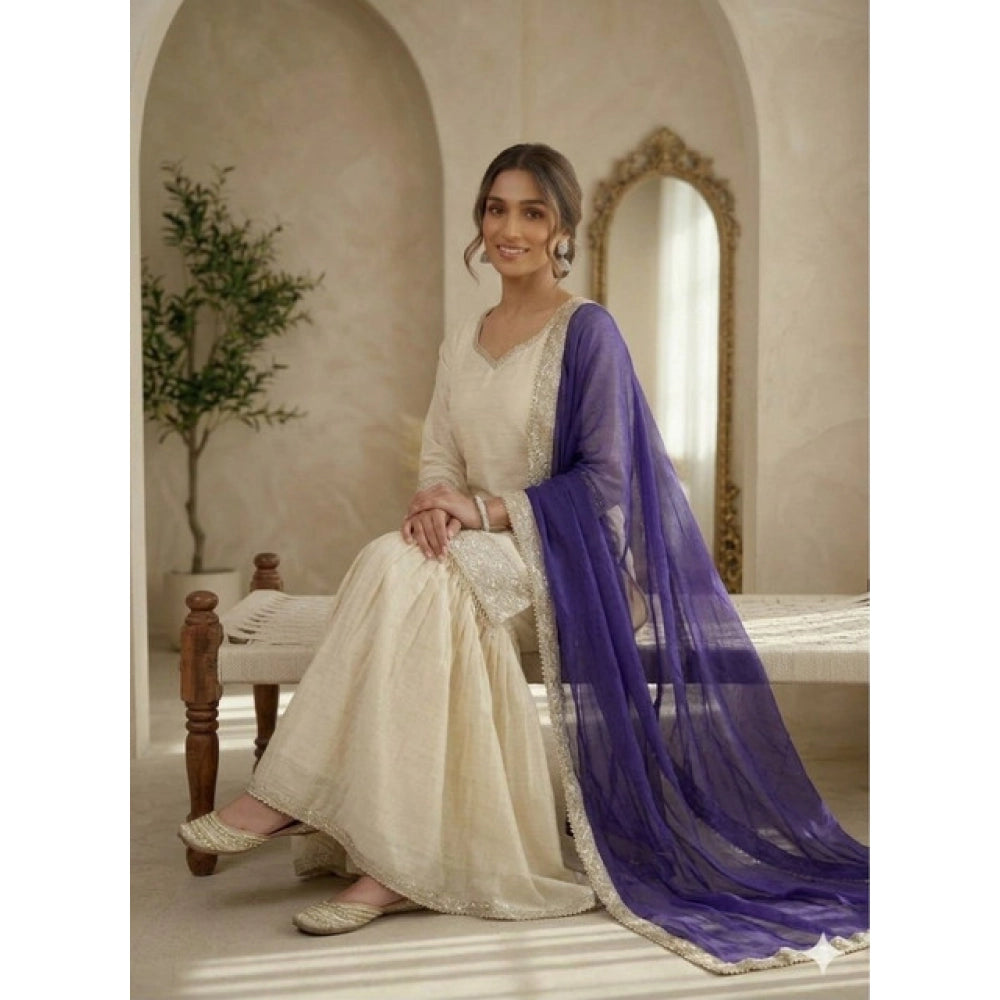 HD Women's Silk Embroidered 3/4th Sleeve V-Neck Kurti With Sharara Pant and Dupatta Set (Cream &amp; Purple)