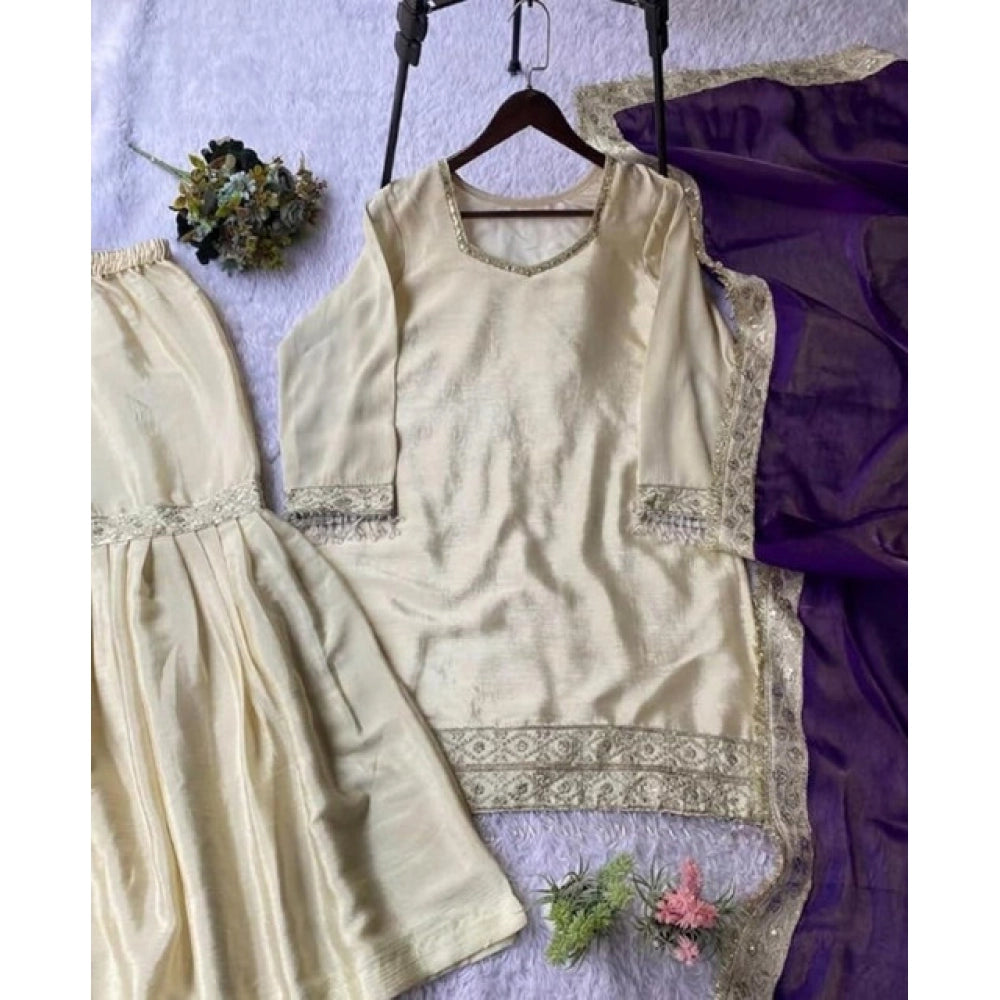 HD Women's Silk Embroidered 3/4th Sleeve V-Neck Kurti With Sharara Pant and Dupatta Set (Cream &amp; Purple)